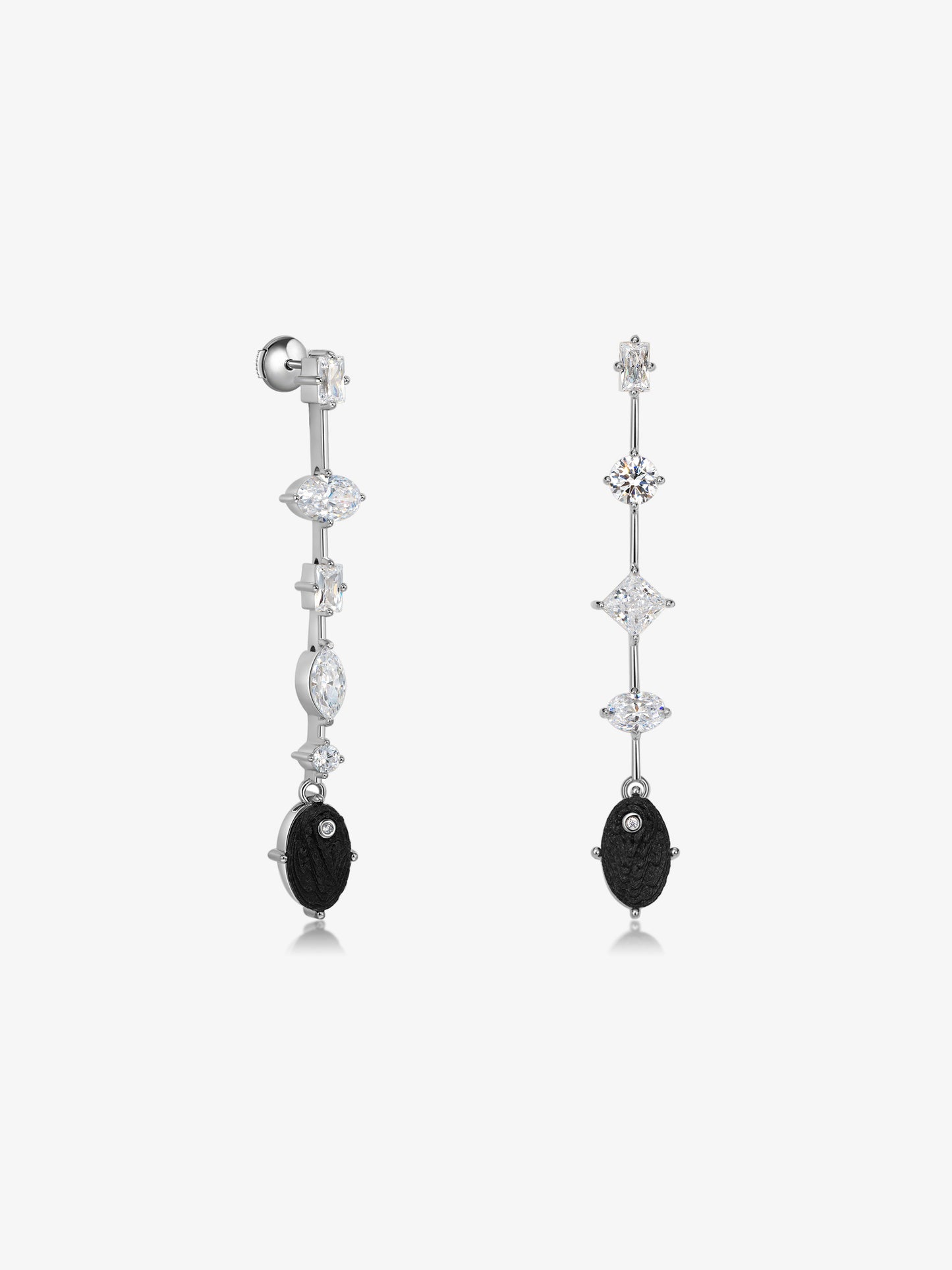 Asymmetric Oval Diamond Carbon Fiber Drop Earrings