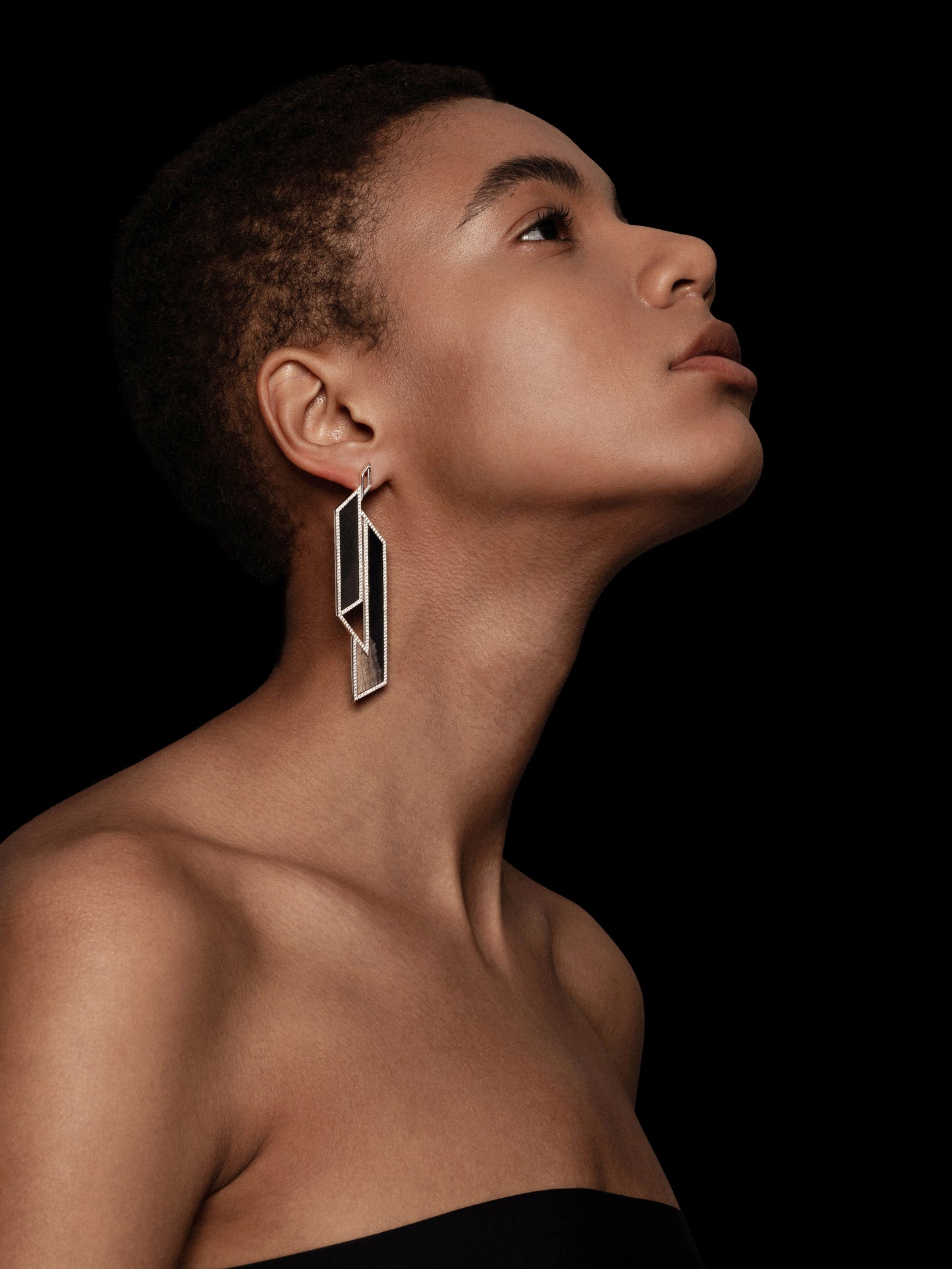 Two-tone Geometry Petrified Wood Pavé Bezel Statement Earrings