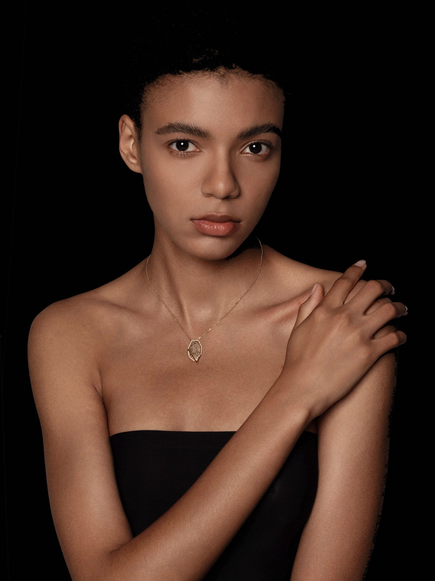 Polygon Radial Coral Fossil Pavé Bezel Pendant Necklace