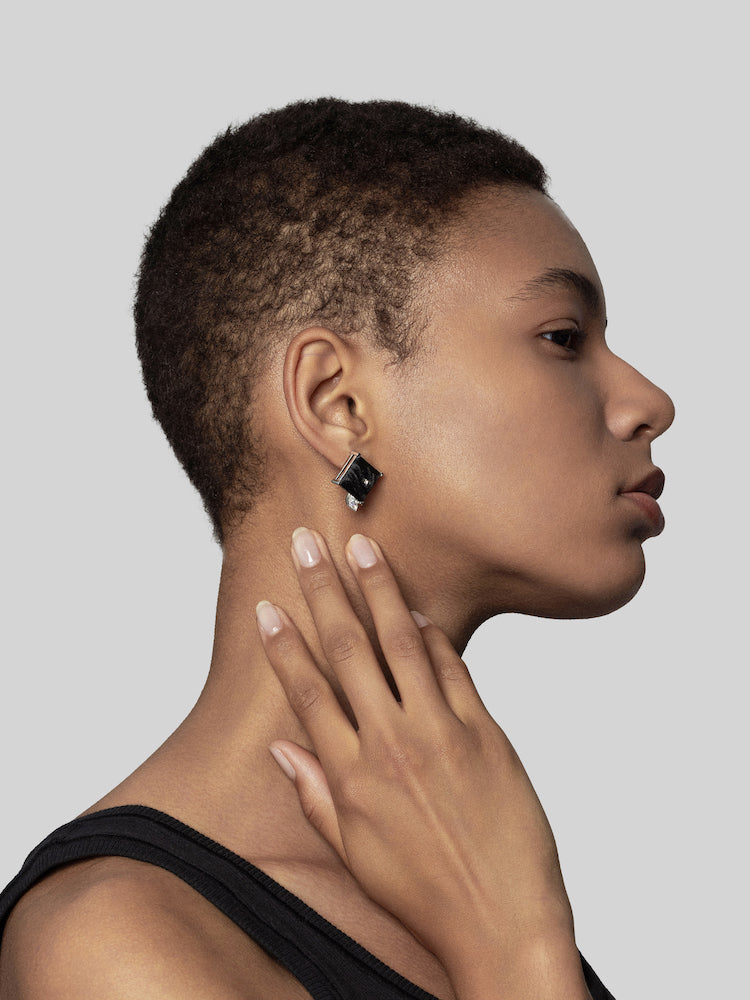 Round Diamond Square Carbon Fiber Statement Earrings