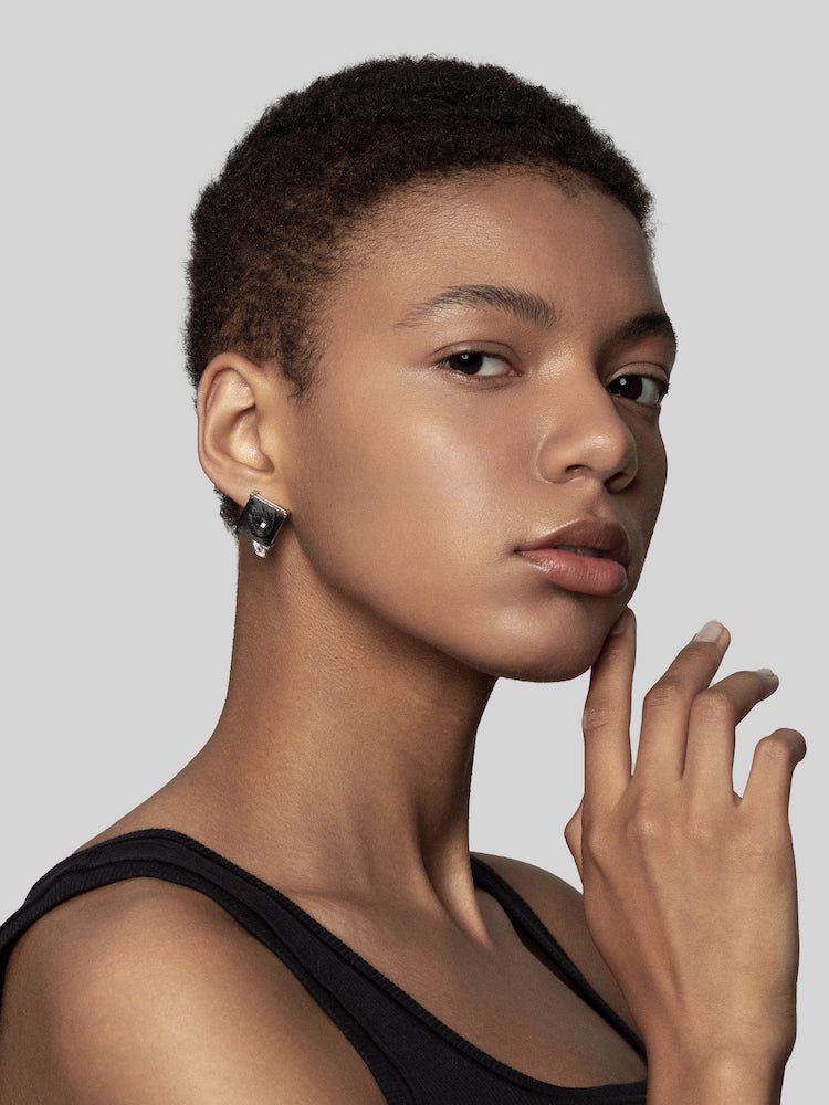 Round Diamond Square Carbon Fiber Statement Earrings