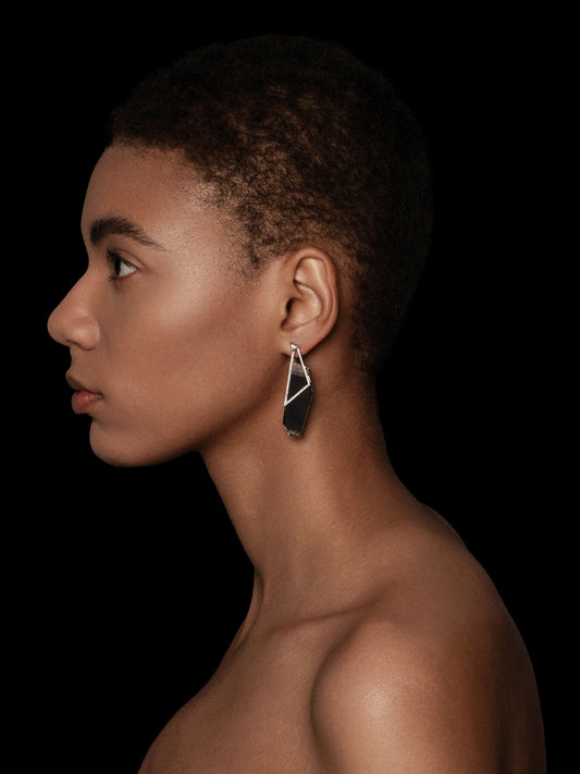 Hexagon Petrified Wood Pavé Bezel Statement Earrings