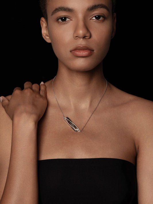 Double Loop Petrified Wood Pavé Bezel Pendant Necklace