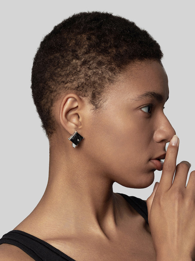 Round Diamond Square Carbon Fiber Statement Earrings