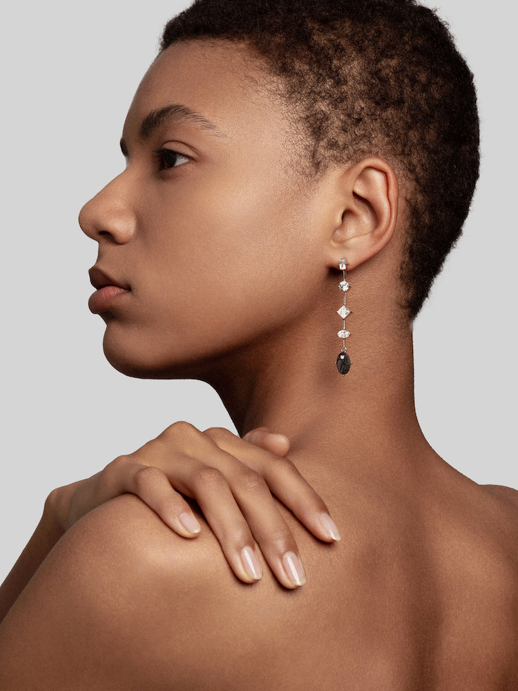 Asymmetric Oval Diamond Carbon Fiber Drop Earrings