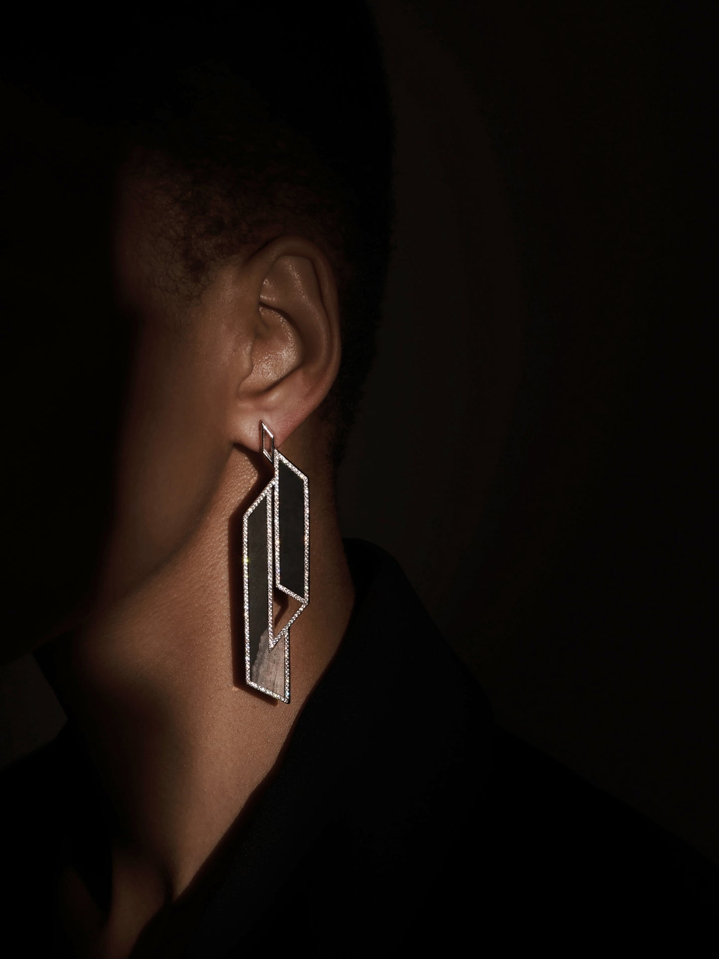 Two-tone Geometry Petrified Wood Pavé Bezel Statement Earrings