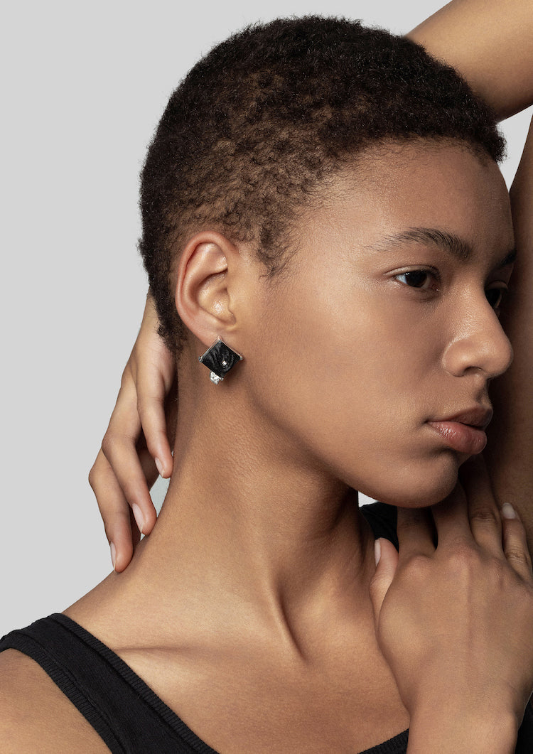 Round Diamond Square Carbon Fiber Statement Earrings