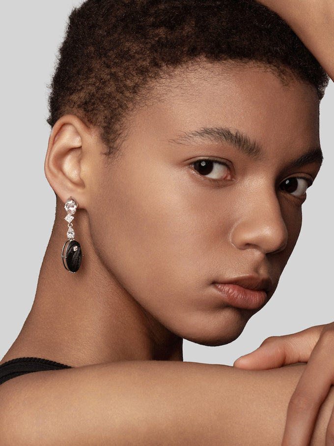 Oval Diamond Carbon Fiber Drop Earrings