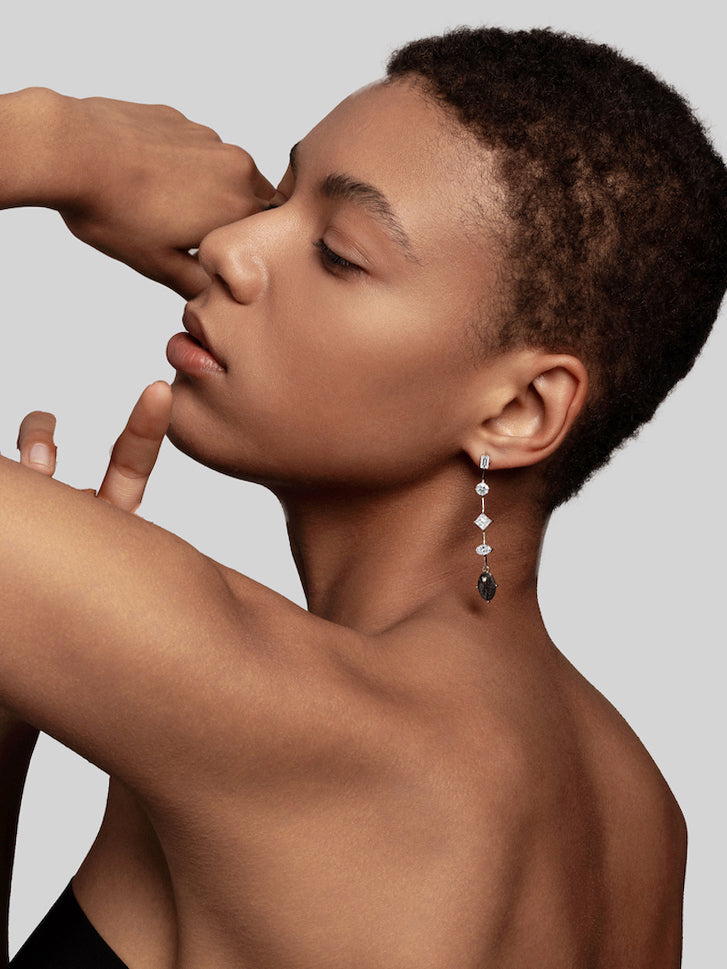Asymmetric Oval Diamond Carbon Fiber Drop Earrings