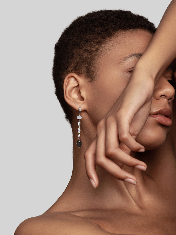 Asymmetric Oval Diamond Carbon Fiber Drop Earrings