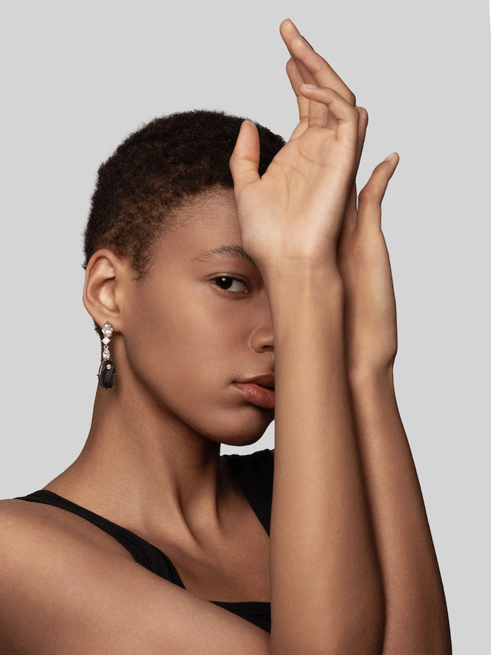 Oval Diamond Carbon Fiber Drop Earrings