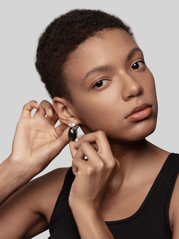 Oval Diamond Carbon Fiber Statement Earrings