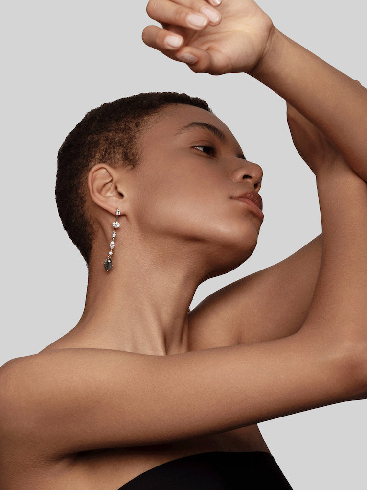 Asymmetric Oval Diamond Carbon Fiber Drop Earrings