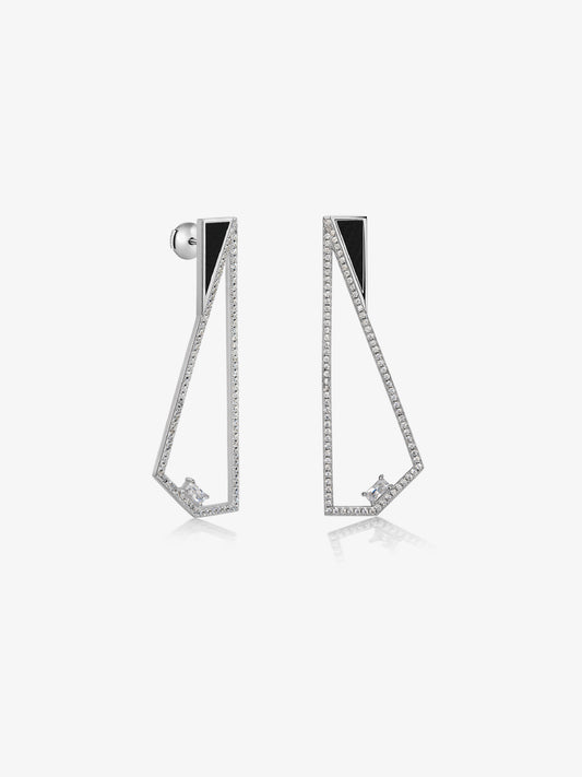 Triangle Geometry Petrified Wood Pavé Bezel Statement Earrings