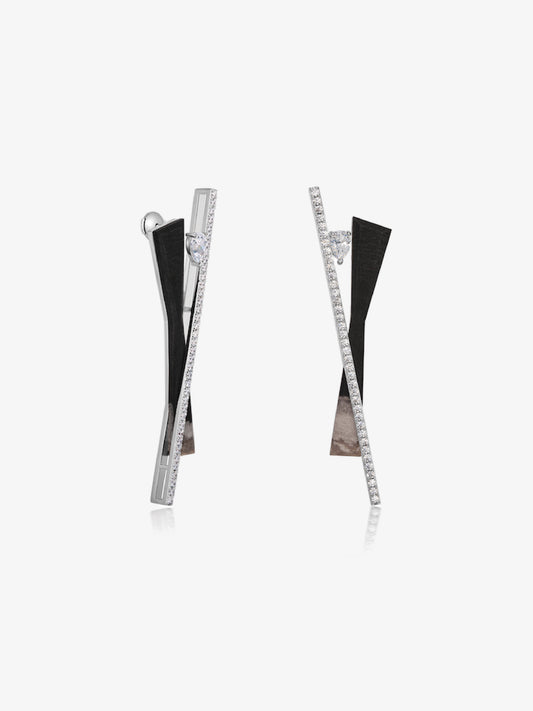 Twist Geometry Petrified Wood Pavé Bezel Statement Earrings