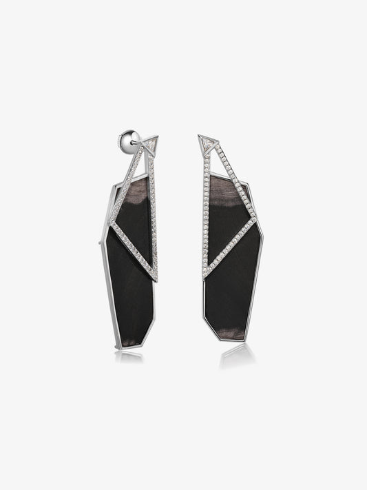 Hexagon Petrified Wood Pavé Bezel Statement Earrings