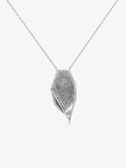 Polygon Muonionalusta Meteorite Pavé Bezel Pendant Necklace