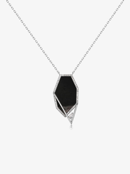 Polygon Petrified Wood Pavé Bezel Pendant Necklace