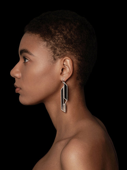 Two-tone Geometry Petrified Wood Pavé Bezel Statement Earrings