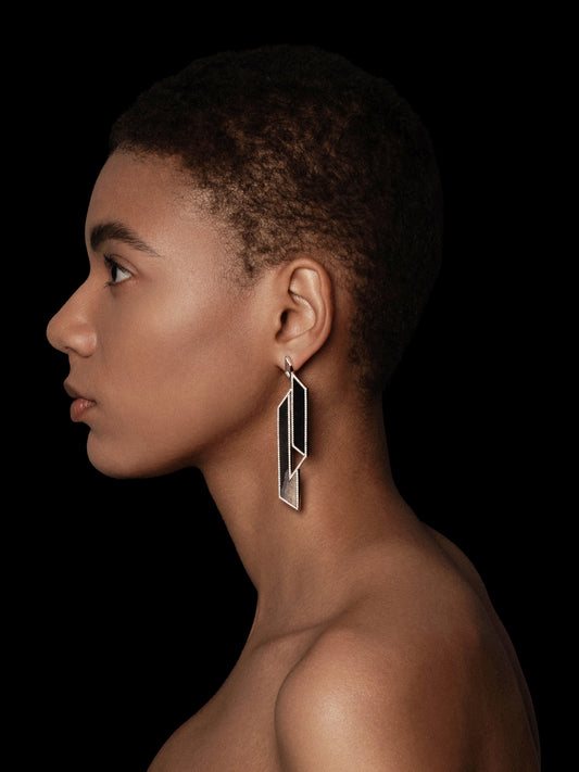 Two-tone Geometry Petrified Wood Pavé Bezel Statement Earrings