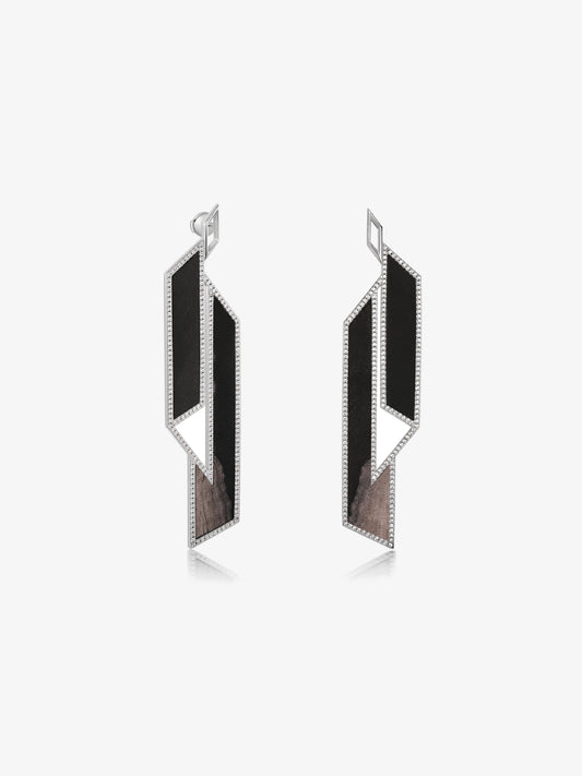Two-tone Geometry Petrified Wood Pavé Bezel Statement Earrings